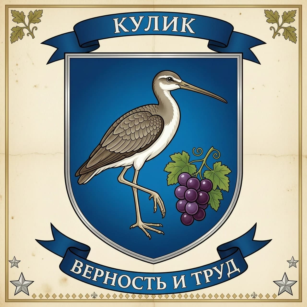Вариант герба 
Форма щита: классический французский щит (прямоугольник с закруглённым низом) — он самый узнаваемый в геральдике.
Фон (поле щита): тёмно-синий (лазурь) — в геральдике это символ верности и благородства; можно сделать градиент от более тёмного по краям к светлому в центре.
Центральная фигура: кулик в профиль, обращённый вправо (в геральдике «вправо» — это влево для зрителя). Пусть он стоит на одной ноге, вторая чуть приподнята — так птица выглядит естественно. Клюв прямой, ноги длинные, оперение — в серо-коричневых тонах с белой грудкой.
Виноград: небольшая гроздь справа или слева от кулика (или чуть ниже), с 5–7 ягодами и парой листьев. Ягоды тёмно-фиолетовые, листья зелёные. Виноград здесь — символ плодородия и достатка.
Дополнительные элементы: тонкая серебряная окантовка по краю щита. Над щитом — простая лента с надписью «Кулик» (шрифт строгий, заглавными буквами).
Девиз: под щитом на ленте можно написать, например, «Верность и труд» или «Семья — наша опора».