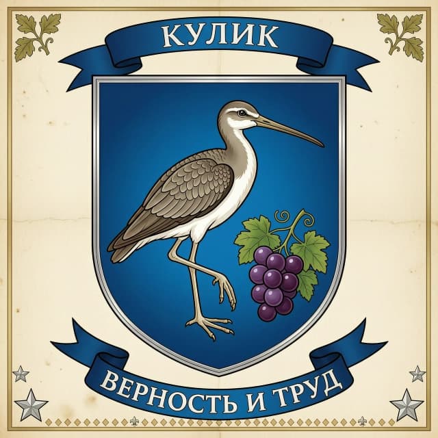 Вариант герба 
Форма щита: классический французский щит (прямоугольник с закруглённым низом) — он самый узнаваемый в геральдике.
Фон (поле щита): тёмно-синий (лазурь) — в геральдике это символ верности и благородства; можно сделать градиент от более тёмного по краям к светлому в центре.
Центральная фигура: кулик в профиль, обращённый вправо (в геральдике «вправо» — это влево для зрителя). Пусть он стоит на одной ноге, вторая чуть приподнята — так птица выглядит естественно. Клюв прямой, ноги длинные, оперение — в серо-коричневых тонах с белой грудкой.
Виноград: небольшая гроздь справа или слева от кулика (или чуть ниже), с 5–7 ягодами и парой листьев. Ягоды тёмно-фиолетовые, листья зелёные. Виноград здесь — символ плодородия и достатка.
Дополнительные элементы: тонкая серебряная окантовка по краю щита. Над щитом — простая лента с надписью «Кулик» (шрифт строгий, заглавными буквами).
Девиз: под щитом на ленте можно написать, например, «Верность и труд» или «Семья — наша опора».