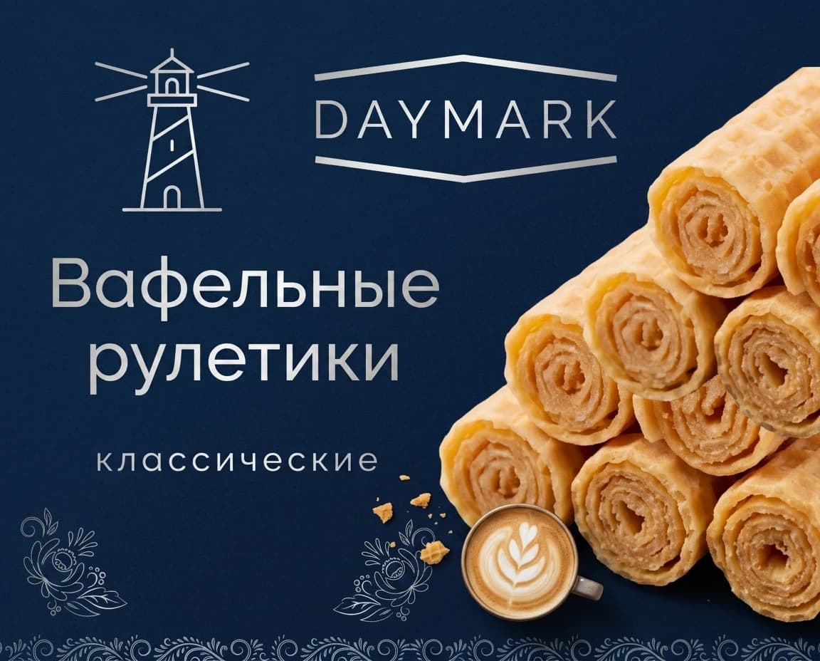 изменить фон:  глубокие, сложные оттенки: темно-синий (navy), добавьте едва заметную текстуру качественной бумаги или матового пластика;
сменить шрифт надписи вафельные рулетики: минималистичный, уверенный гротеск (без засечек);
бренд: "DAYMARK", форму и структуру бренда не менять, сделать чуть тоньше буквы и линии
Уменьшите размер надписей; оставить в верхней части композиции
Увеличьте трекинг (расстояние между буквами) в словах «классические» и «DAYMARK»;
сделайте узор фрагментарным, очень тонкими линиями и, возможно, в технике лакировки
Логотип птицы: заменить на маяк,  сделать его графичным, более минималистичным, геометрическим и отделить от надписи, чтобы композиция «дышала».;
Фуд-зона: вафлям добавить глубокие тени и мягкий боковой свет, уменьшить изображение на 20%.
Взаимодействие с фоном: Добавьте естественную тень под вафлями, чтобы они «лежали» на поверхности, а не висели в воздухе.
Сервировка: Вместо просто горы вафель можно добавить один эстетичный элемент: крошки, кружку капучино
цвета: Вместо белого цвета для элементов попробуйте серебро (тиснение фольгой) .