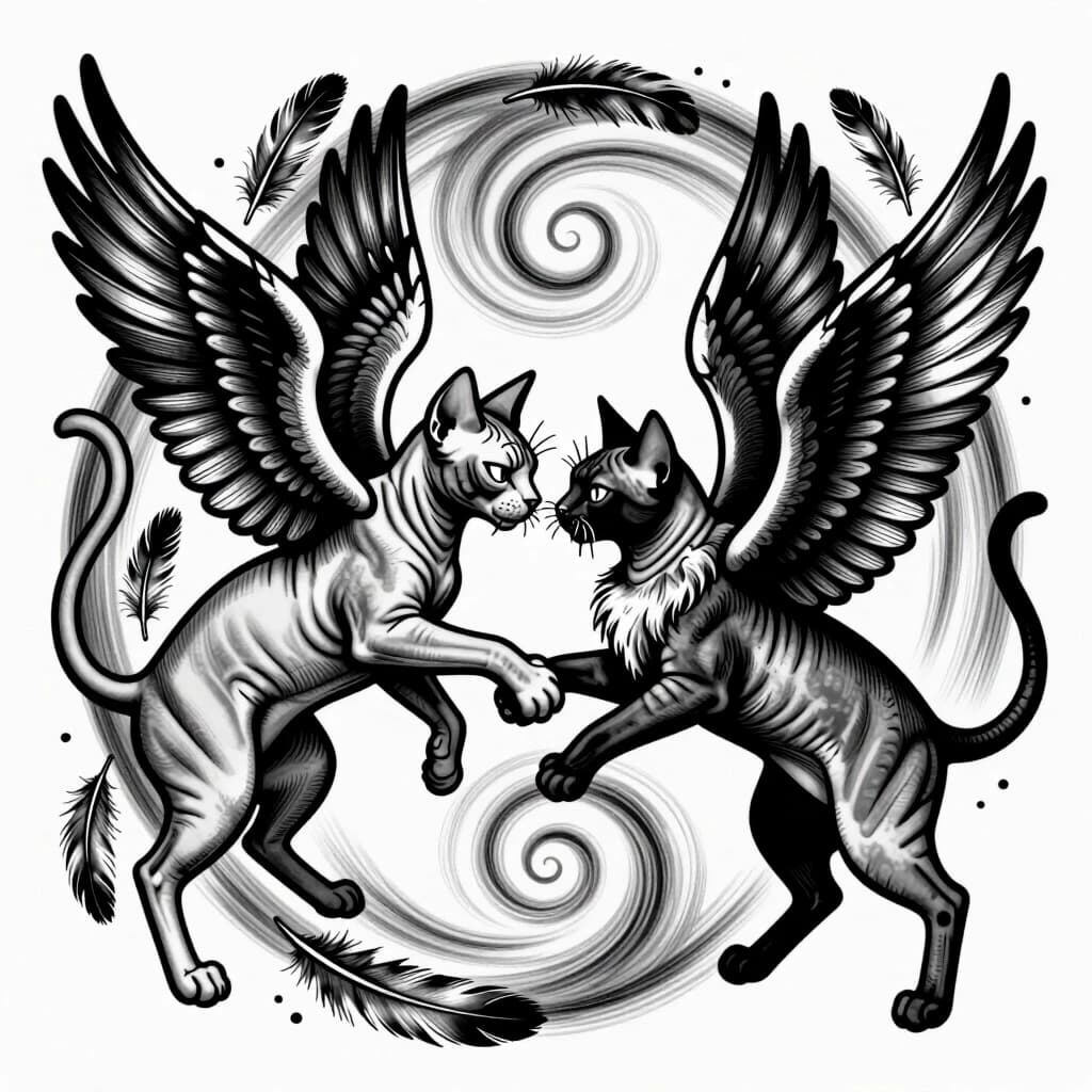 Tattoo design, engraving style. Two winged cats circling each other in a chaotic dance, noses almost touching, wings spread creating a vortex of feathers and membranes. The Sphynx extends a paw for a handshake, the fluffy cat flicks its nose at that exact moment. Trickster dynamic, black and white etching, spiral composition, fine lines, cross-hatching.