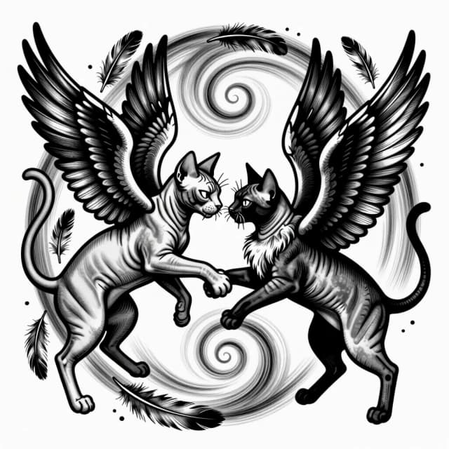 Tattoo design, engraving style. Two winged cats circling each other in a chaotic dance, noses almost touching, wings spread creating a vortex of feathers and membranes. The Sphynx extends a paw for a handshake, the fluffy cat flicks its nose at that exact moment. Trickster dynamic, black and white etching, spiral composition, fine lines, cross-hatching.
