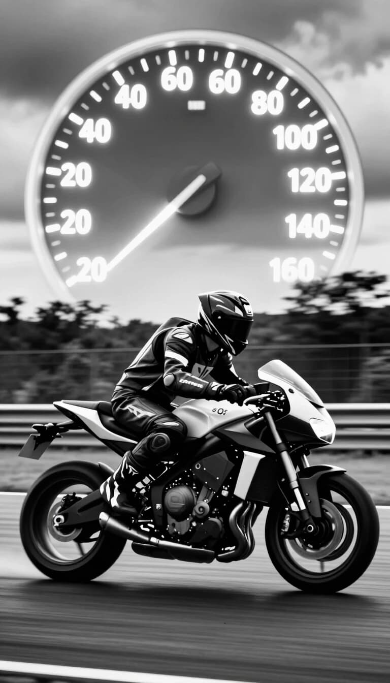A striking black-and-white, high-speed shot of a motorcyclist on a racetrack; superimposed at the top of the frame is a large, glowing speedometer showing ascending increments—20, 40, 60, 80, 100, 120, 140, 160—with the needle pushed past the 160 mark. The motorcycle features a sleek, modern design, and the rider is clad in a full leather suit and helmet. A blurred background of trees and a cloudy sky accentuates the sense of motion and speed. The image’s overall aesthetic—rugged and dynamic—captures the raw thrill of extreme-speed riding.