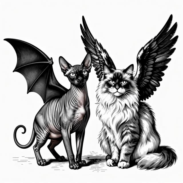 Engraving style illustration of two cats with wings. The first cat is a hairless Sphynx with leathery bat-like wings (like a netopir). The second cat is a fluffy long-haired cat with feathered griffin wings. Black and white etching, vintage line art, cross-hatching, detailed.