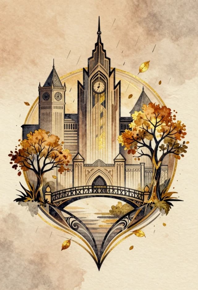 A watercolor painting is a logo or tattoo on a light brown background with a gradient. Art Deco with sharp asymmetry. Visible texture of the canvas or textured watercolor paper. An unusual fairy‑tale city in the Renaissance style. Beautiful, unusual, with bridges, a clock tower and an openwork fence. Graceful, branching trees with autumn leaves. Leaf fall, rain in slanting streams. Decorative composition. Pastel, powdery shades. Deep shadows. Black lines drawn with a pencil or charcoal emphasize the main elements. Accents made of gold leaf, bright and shiny, highlight the important elements.