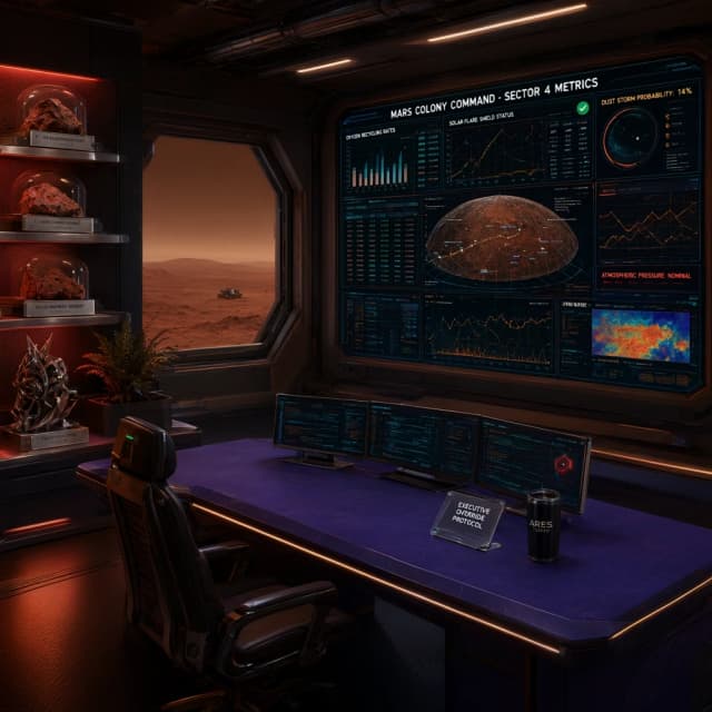 The executive’s office features a massive indigo‑colored table with several curved monitors, a black chair with a high back, silver shelves with samples of Martian rocks, and reddish‑orange accent lighting for paintings or plants. On one of the side walls, there is a huge plasma panel that spans the entire wall. It is divided into nine zones where tables and graphs are displayed. Add warm halftones to the lighting to soften the sharpness and create a focused yet isolated atmosphere. 
 Style: futuristic cyberpunk with realistic details, high resolution, subdued lighting creating a sense of isolation on Mars, absence of people in the office to create a calm atmosphere.