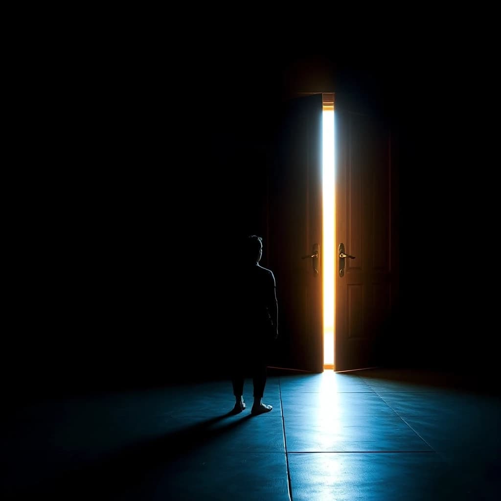 A lone figure stands in a dark empty room, facing a heavy wooden door. The door is slightly open, and warm golden light spills through the crack. The figure's chest glows faintly with the same warm light. The figure is not moving toward the door — standing still, looking at the light. Dark room, deep shadows, warm golden light, cold blue shadows. Photorealistic, cinematic lighting, emotional, symbolic. Vertical composition. Mood: realization, quiet revelation.