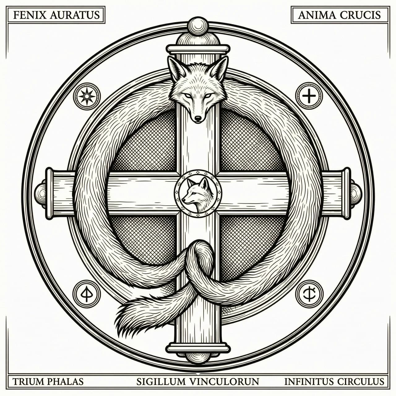 Tattoo flash art, alchemic cross of Flamel, instead of a serpent a cunning fox with three tails is crucified on the cross, the fox's body is elongated and curved to match the exact silhouette of the ouroboros serpent, the three tails split at the bottom curling around the vertical beam, detailed linework, etching style, Renaissance engraving, thick black outlines, crosshatching shadows, white background, monochrome, symmetrical composition, occult symbolism, high detail, --no watercolor, grey