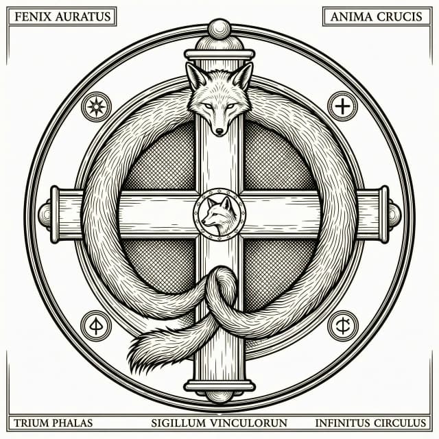 Tattoo flash art, alchemic cross of Flamel, instead of a serpent a cunning fox with three tails is crucified on the cross, the fox's body is elongated and curved to match the exact silhouette of the ouroboros serpent, the three tails split at the bottom curling around the vertical beam, detailed linework, etching style, Renaissance engraving, thick black outlines, crosshatching shadows, white background, monochrome, symmetrical composition, occult symbolism, high detail, --no watercolor, grey
