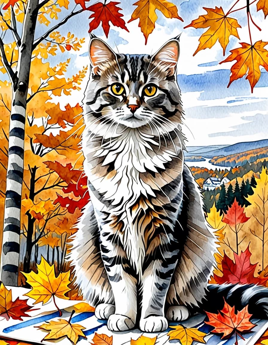 A masterpiece. Creating an image. The style is watercolor painting. Delicate watercolor on raw, on paper.((Against the background of an autumn landscape and blue sky, a yellow maple leaf and a gray Siberian fluffy striped cat:1.6)). High resolution. High detail and clear texture. Intense close-up. High quality. Increased attention to small details. The aspect ratio is 3:4. The artists are Levitan, Shishkin.