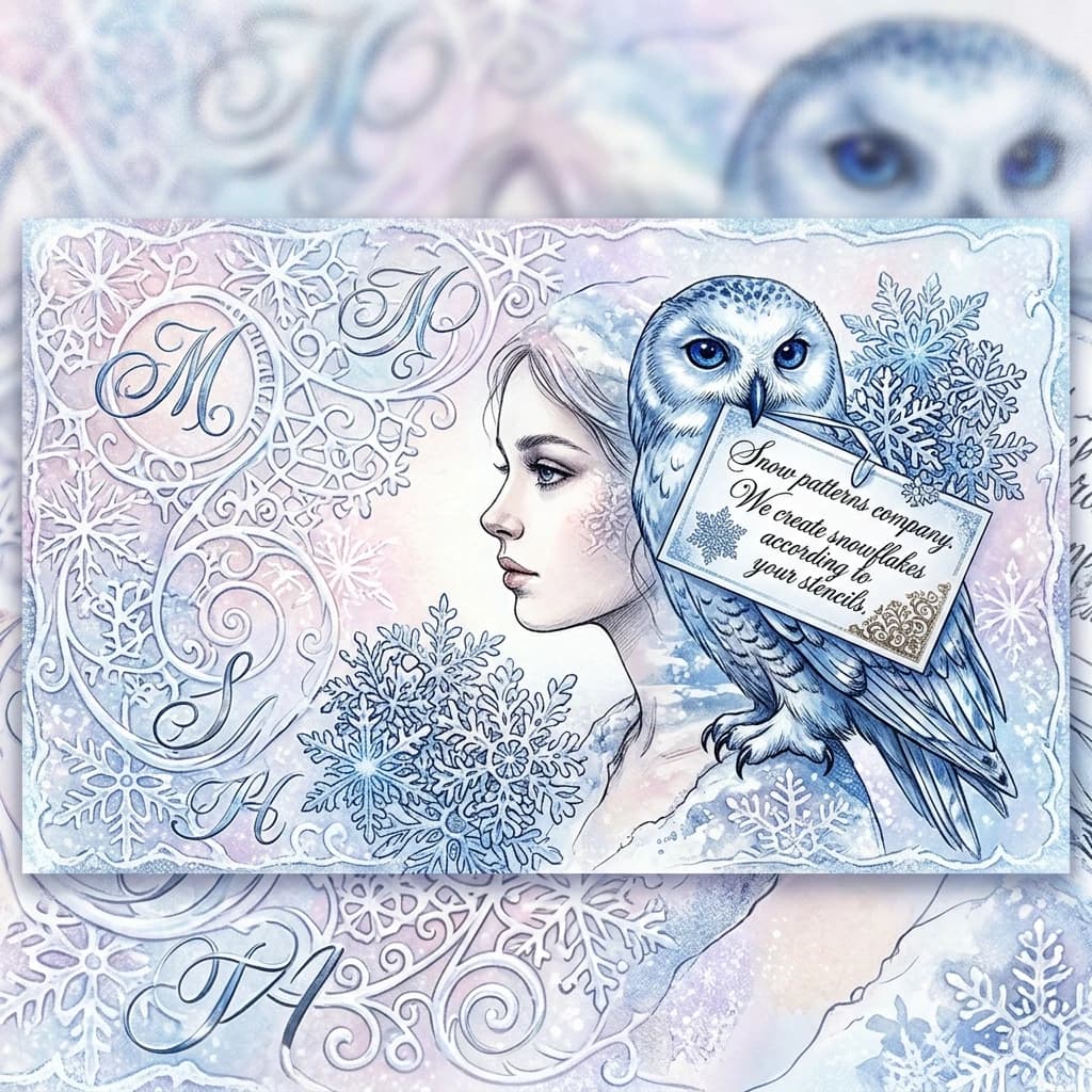 ((Business card, size 90 by 50 mm)) (Background of the paper): pinkish‑white, blue‑white, silver‑white, silver‑pearl, (with a winter ornament, spirals, vignettes and monograms from the Latin alphabet in the form of openwork snowflakes). (In the centre of the business card is a profile of a young lady with a polar owl on her shoulder. (Polar owl): it has expressive sapphire‑coloured eyes.  She holds a bouquet of snowflakes in her beak. There is a business card inside the bouquet). (the business card is decorated in calligraphic font) "Snow patterns company
We create snowflakes according to your stencils" ((The business card is decorated with a print in the shape of a snowflake and a patterned stencil, paper made of crystals of small snowflakes, patterned stencils)). (Colors): white, icy, silvery‑white, silvery‑black, silvery‑blue, all shades of blue, light blue, pink, lilac, beige, silvery, silvery‑platinum, icy‑sapphire, bluish‑blue, violet. (Style):art fantasy, magical realism, shabby chic, poster, advertising, winter, art design, retro design, business card made of snowflake crystals, romance, close‑up, double exposure, high quality, gradient, elegance, outline, pen stroke, calligraphic handwriting, envelope, secret writing, magic. Inner light. High quality, 4K, complex details.