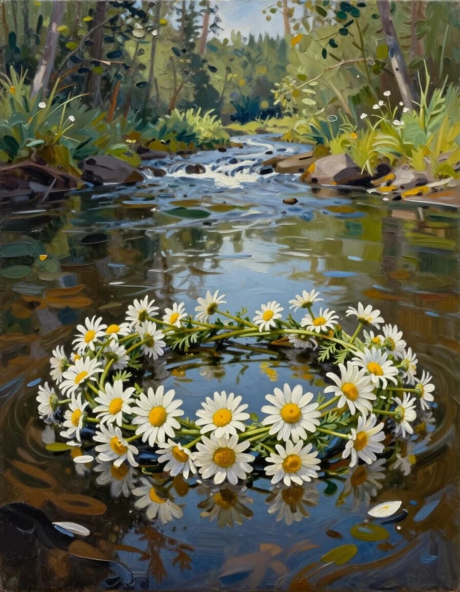 A masterpiece. Style: oil painting. (Image. As an artificial intelligence imagines: a wreath of field daisies lies on the surface of the water and quietly floats along the river. Against the background of the forest):1.8. Intense close-up.  High quality. High resolution. Increased attention to fine details and texture. The artist is Russ Mills.