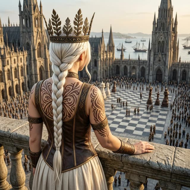 Cinematic fantasy photograph from behind a young queen standing on a high stone balcony, looking down over a vast gothic city. She has long platinum-blonde hair in a thick, intricate single braid falling down her back. An ornate dark bronze crown with leaf and floral filigree sits on her head. Her back and left shoulder are covered in large baroquetribal tattoos in brown ink. She wears a dark brown tooled leather bodice with gold trim over a cream linen dress, bronze arm cuffs, and a matching choker. Her right hand rests on the carved stone balustrade. Below a huge stone plaza with an oversized chessboard and giant chess pieces, surrounded by crowds of tiny people. Towering gothic cathedrals, spires, and a harbor with ships in the distance. Warm sunlight, dramatic depth, ultra-detailed textures on stone, hair, leather and metal. Photorealistic, epic scale, 8k, cinematic lighting, style of high fantasy concept art.