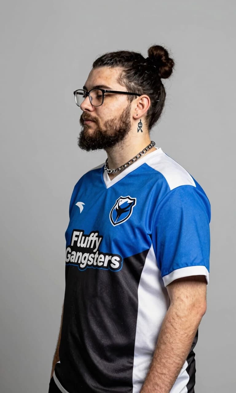 Create a cyber sports club player with a small tattoo, glasses, and a beard. Hair is styled in a fluffy bun, and a chain is worn around the neck. The player is dressed in the "Fluffy Gangsters" uniform with their emblem. The club's colors are blue, white, and black. The image should be a full-body, front-facing profile shot without a background, similar to an HLTV profile picture.
