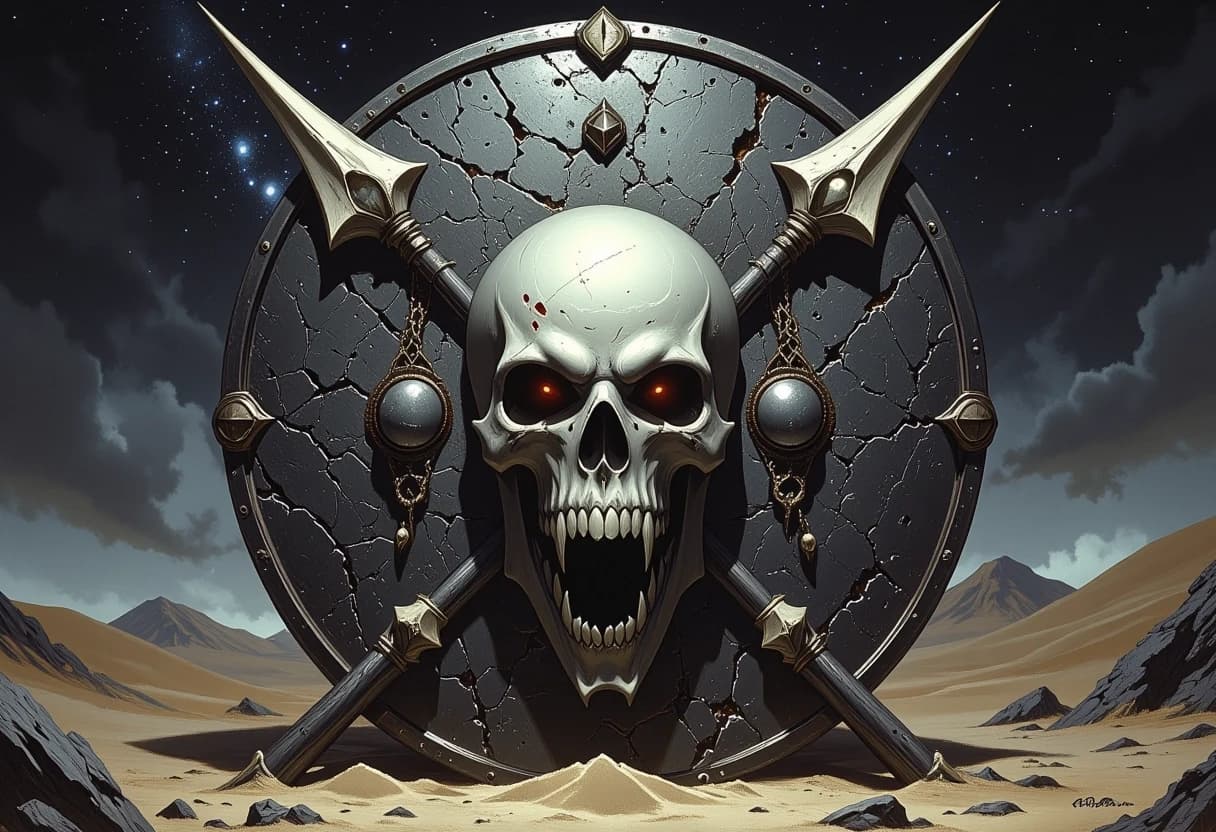 Circular emblem of a fierce, warlike desert tribe, centered composition. In the foreground, a weathered tribal shield made of dark hide and bone ornaments, overlaid with two crossed spears featuring sharp, jagged bone tips, with huge screaming skull with glowing eyesockets in the center . The background features a vast, mystical nocturnal desert under a massive crescent moon and a shimmering Milky Way galaxy. Artistic style of a high-detail fantasy game icon, digital painting with heavy texture. Lighting: dramatic rim lighting from the moonlight, deep cinematic shadows, and a fair glow from campfire. Lightings on the background. Mood: primal, menacing, and epic. Details: fine cracks in the bone, sand grains caught in the shield's texture, silhouettes of distant dunes, and a starry night sky. High contrast, hyper-realistic textures, volumetric lighting, 8k resolution.