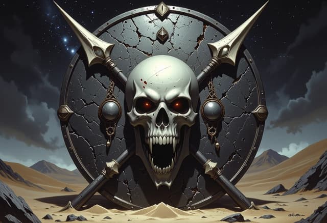 Circular emblem of a fierce, warlike desert tribe, centered composition. In the foreground, a weathered tribal shield made of dark hide and bone ornaments, overlaid with two crossed spears featuring sharp, jagged bone tips, with huge screaming skull with glowing eyesockets in the center . The background features a vast, mystical nocturnal desert under a massive crescent moon and a shimmering Milky Way galaxy. Artistic style of a high-detail fantasy game icon, digital painting with heavy texture. Lighting: dramatic rim lighting from the moonlight, deep cinematic shadows, and a fair glow from campfire. Lightings on the background. Mood: primal, menacing, and epic. Details: fine cracks in the bone, sand grains caught in the shield's texture, silhouettes of distant dunes, and a starry night sky. High contrast, hyper-realistic textures, volumetric lighting, 8k resolution.