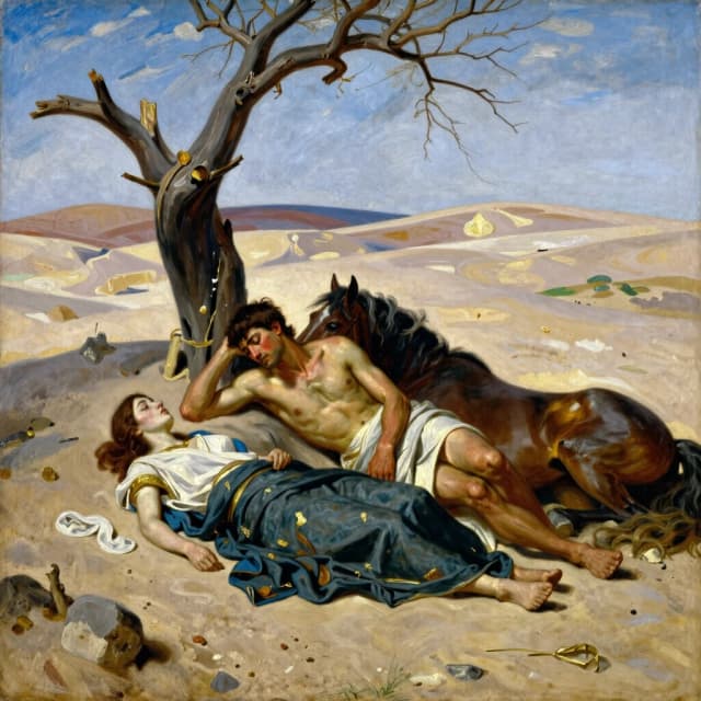 Oil painting, ancient times of Greece, a young man of 20 years old and a girl of 18 years old, lying unconscious on the sand, next to a dried tree and a fallen horse, around the desert, style Ilya Repin