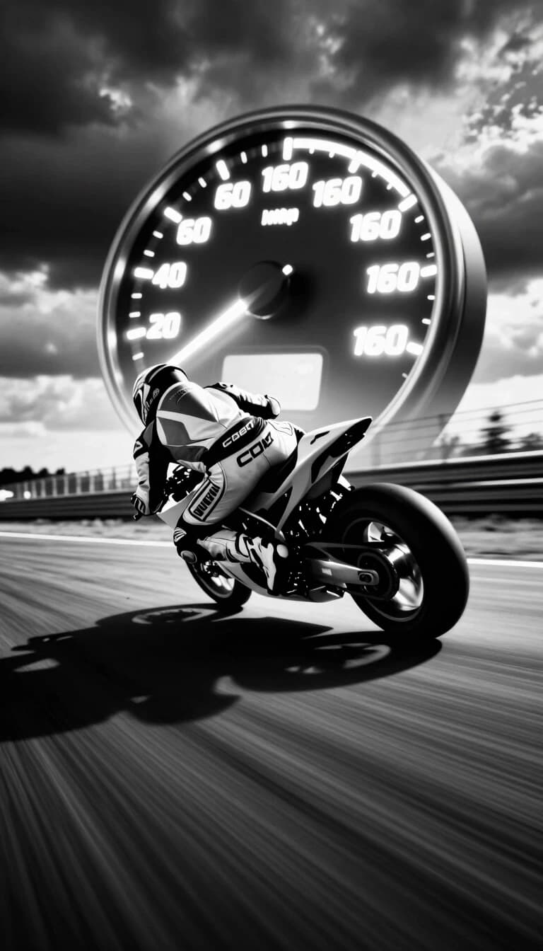 A dynamic, black and white, low-angle shot of a motorcycle racer in full gear, leaning into a turn on a blurred racetrack. A glowing speedometer with the needle pointing to 160 mph is superimposed in the background, dominating the upper frame. The sky above is dramatic and cloudy, adding to the intensity of the scene. The road surface is highly blurred, emphasizing the extreme speed. The overall aesthetic is high-octane and action-packed, with a cinematic feel. Style: Photorealistic, high contrast, motion blur, dramatic lighting, gritty. Composition: Low angle, dutch tilt, leading lines from the road. Lighting: Dramatic, with the speedometer emitting a strong glow