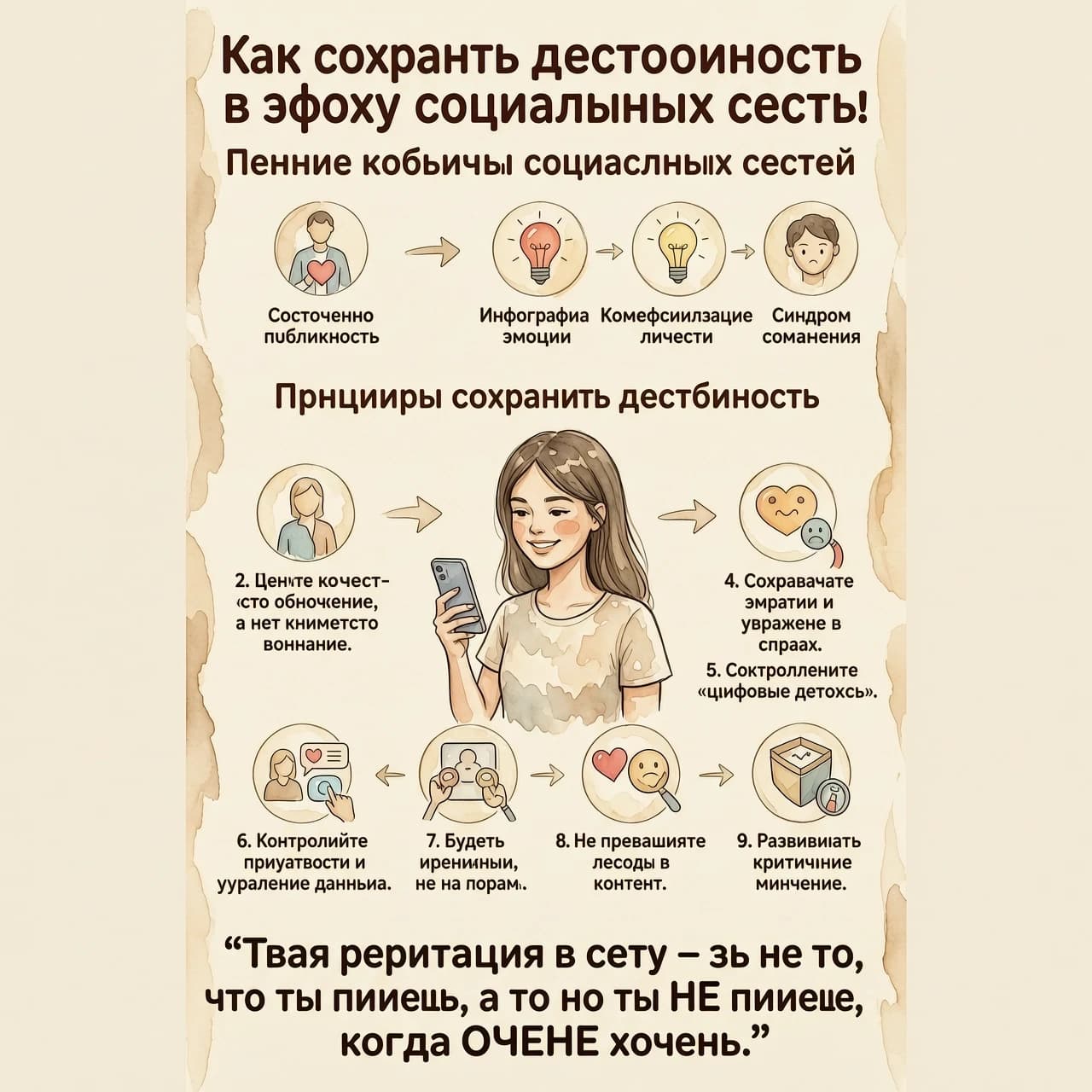 Создай акварельную инфографику  формате 9:16 
Это должна быть стильная и теплая визуальная визитка "Как сохранить достоинство в эпоху социальных сетей". Изобрази молодую девушку в телефоном в руке. Не рисуй сердечки, лампочки.  Стиль мягкая акварель, лёгкие мазки, нежные переходы. Атмосфера позитивная и вдохновляющая. На картинке все буквы и элементы видно  чётко. Каждый шаг алгоритма оформлен с картинкой соответствующей
Основные вызовы социальных сетей
- Постоянная публичность
- Инфографика эмоций
- Коммерциализация личности
- Синдром сравнения

Принципы сохранения достоинства
  1. Определите личные границы.
  2. Цените качество общения, а не количество внимания. 
  3. Практикуйте рефлексию перед публикацией.
  4. Сохраняйте эмпатию и уважение в спорах. 
  5. Контролируйте приватность и управление данными.
  6. Используйте «цифровые детоксы»».
  7. Будьте искренними, но не на показ.
  8.Не превращайте людей в контент. 
9.Развивайте критическое мышление. 

Внизу крупно: Твоя репутация в сети — это не то, что ты пишешь, а то, что ты НЕ пишешь, когда ОЧЕНЬ хочется.»