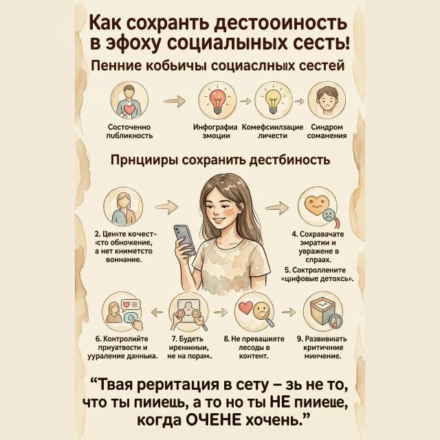 Создай акварельную инфографику  формате 9:16 
Это должна быть стильная и теплая визуальная визитка "Как сохранить достоинство в эпоху социальных сетей". Изобрази молодую девушку в телефоном в руке. Не рисуй сердечки, лампочки.  Стиль мягкая акварель, лёгкие мазки, нежные переходы. Атмосфера позитивная и вдохновляющая. На картинке все буквы и элементы видно  чётко. Каждый шаг алгоритма оформлен с картинкой соответствующей
Основные вызовы социальных сетей
- Постоянная публичность
- Инфографика эмоций
- Коммерциализация личности
- Синдром сравнения

Принципы сохранения достоинства
  1. Определите личные границы.
  2. Цените качество общения, а не количество внимания. 
  3. Практикуйте рефлексию перед публикацией.
  4. Сохраняйте эмпатию и уважение в спорах. 
  5. Контролируйте приватность и управление данными.
  6. Используйте «цифровые детоксы»».
  7. Будьте искренними, но не на показ.
  8.Не превращайте людей в контент. 
9.Развивайте критическое мышление. 

Внизу крупно: Твоя репутация в сети — это не то, что ты пишешь, а то, что ты НЕ пишешь, когда ОЧЕНЬ хочется.»