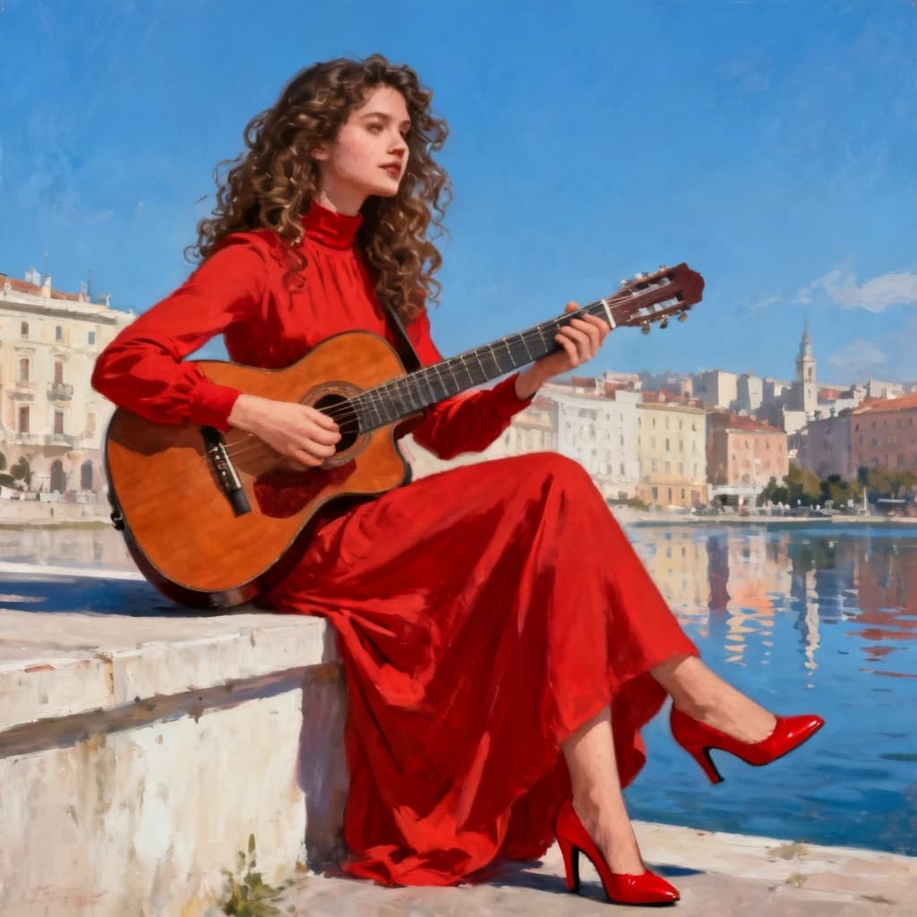 The image is a painting of a young woman sitting on a ledge with a guitar in her hands. She is wearing a long red dress with a high neckline and long sleeves. Her hair is styled in loose curls and she is wearing red high heels. The background shows a beautiful view of a cityscape with buildings and a body of water. The sky is blue and the overall mood of the image is peaceful and serene. The painting is done in a realistic style with vibrant colors and intricate details.