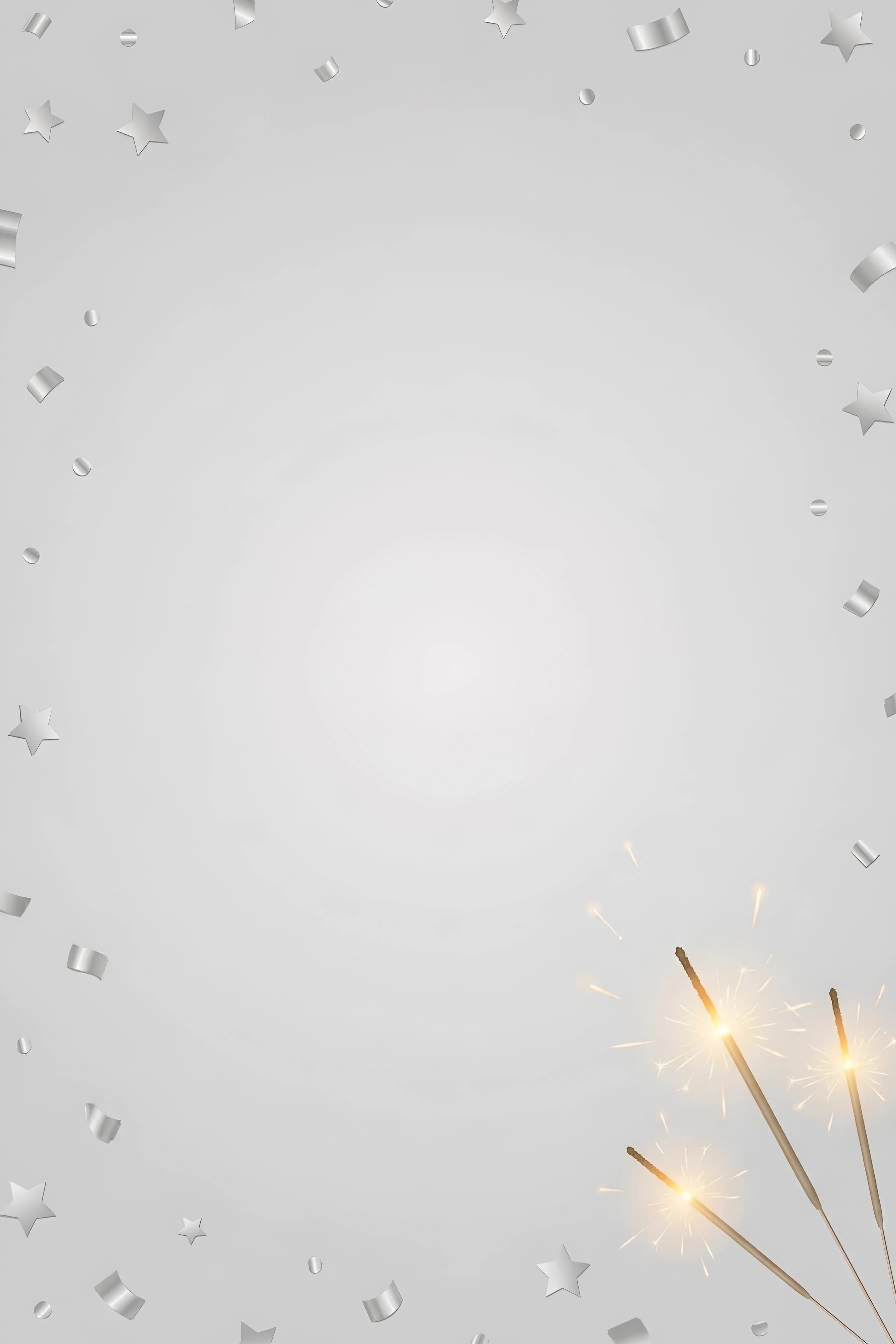 Create a minimalist congratulatory background in A4 format (210×297 mm). The main color is a soft, light gray (#D3D3D3) with a subtle gradient (slightly lighter in the center, very slightly darker near the edges) to add depth. The central area is completely empty, designed to accommodate text or an image.
Decorative elements:
* Along the edges of the frame, scatter silver confetti pieces of varying sizes and simple five‑pointed silver stars. Arrange them in a balanced, asymmetrical pattern.
* In the bottom right corner, depict 2–3 lit sparklers emitting soft golden sparks. Show the sparklers at different angles, with a gentle glow and a few floating sparks trailing upward.
Style: clean, modern, and elegant. Use a metallic silver (#C0C0C0) for the confetti and stars with a slight reflective sheen. The sparklers should have warm tones: golden yellow (#FFD700) and orange (#FFA500). Soft lighting, high detail, smooth textures.