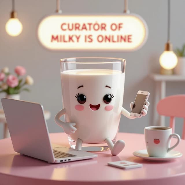 3D render, Pixar-style cartoon, a clear glass filled with white milk, the glass has cute arms and legs, no eyes, sitting at a table. On the table is a laptop. The glass is holding a smartphone in its hand. Above the scene, there is a Russian text sign: "КУРАТОР МИЛКИ НА СВЯЗИ". Soft studio lighting, pastel colors, cozy atmosphere, isometric view, 8K, high quality –no eyes, no face