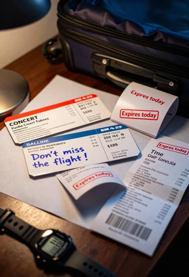 Photorealistic, 8K, documentary-style lighting. A cluttered desk surface with a sense of hurried preparation. Spread across the frame are several time-sensitive items: a pair of concert tickets with the event date printed in bold, a paper airline boarding pass with a handwritten reminder “Don’t miss the flight!” in blue ink, a stack of printed discount coupons with “Expires today” stamps in red, and a crumpled receipt with a partially torn-off section showing a time-limited offer. The tickets and coupons are slightly overlapping, some edges curled. A digital wristwatch in the foreground shows the time just before midnight. The lighting is a mix of warm desk lamp glow and cooler ambient light, creating subtle reflections on the glossy paper. Background is softly out of focus, hinting at a packed suitcase and travel bag. Mood: last-minute rush, realistic tension. No text overlays, no logos.