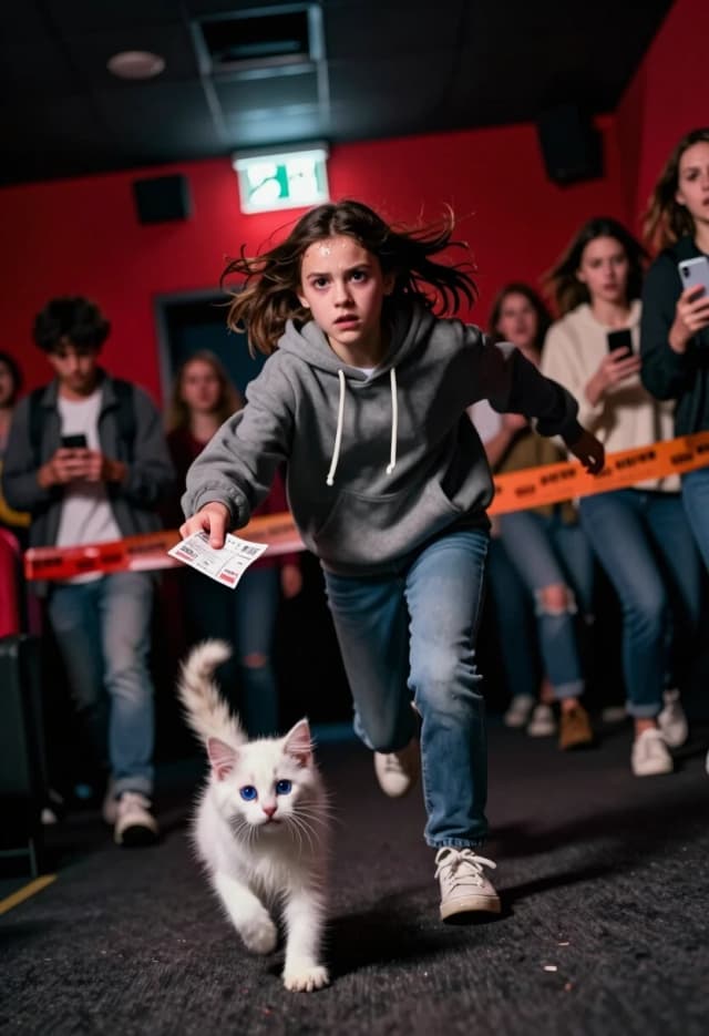 Photorealistic cinematic shot, 8K, Octane render. Dynamic dutch angle (tilted camera) for high tension. The scene is a crowded cinema lobby during a sudden evacuation: people are rushing, some are looking back, others are checking their phones. In the center, a teenage girl sprints forward, her face intense and determined, hair flying, hoodie strings bouncing with every step. She’s clutching a torn movie ticket in her right hand, the paper is crumpled and slightly wet from her sweaty palm. Just ahead of her feet, a tiny fluffy white kitten with big blue eyes is running too — not scared, but leading the way, its tiny paws a blur of motion. The camera is low and close, almost at knee level, to make the crowd feel massive and overwhelming. The lighting is chaotic: emergency exit signs cast red and white strobe-like glows, overhead lights flicker, and deep shadows add volume. Fabric folds, flying hair, and motion blur on the kitten’s legs show speed, while the girl’s face stays razor-sharp. Background is a controlled blur of rushing people to keep focus on the duo. Mood: urgency, adrenaline, teamwork against chaos.