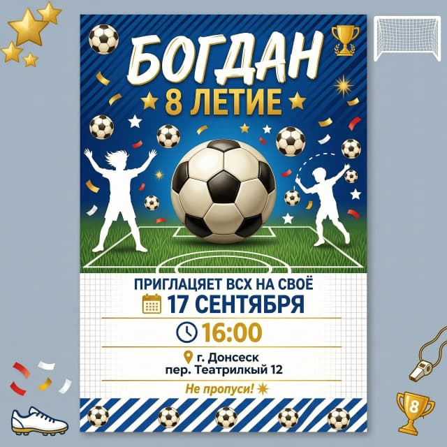 Богдан приглашает всех на свое 8 летие!17 сентября в 16.00 г.Донецк пер.Театральный 12 
Приглашение в футбольном стиле