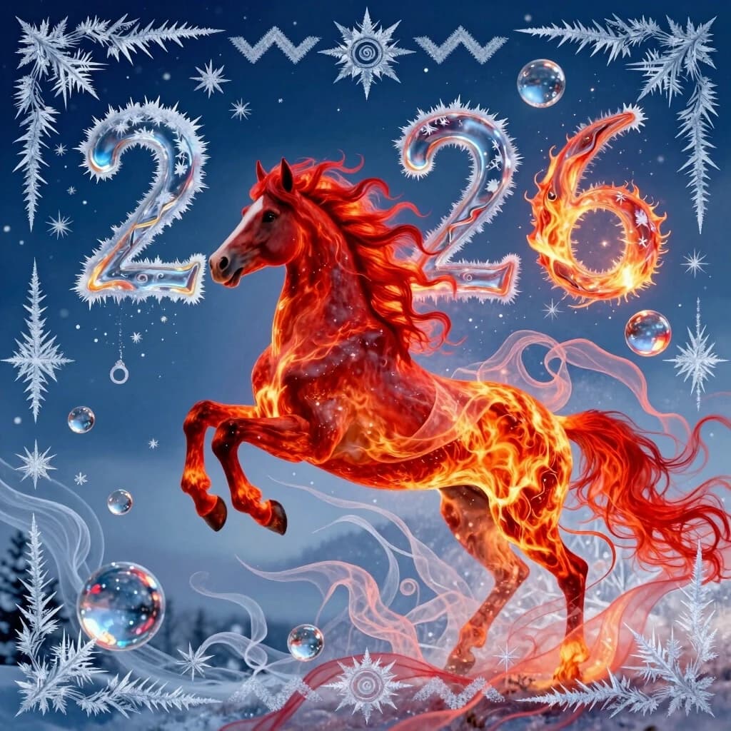 In the double exposure style, an ephemeral mythical creature in the form of a beautiful scarlet fiery horse with a long wavy mane is depicted mid-jump, collecting the word "2026" formed from glass letters. The background is a bright blue night sky adorned with grandiose, continuous ornamental frosty patterns, zigzags, and spirals of frost, complemented by needles, transparent glass balls, silk, and tulle. In the "Glitter" style, characterized by magical realism, a natural symphony where shapes dissolve into color, and lines flow like water, translucent layers with a watercolor texture are present, featuring intricate ornaments at the composition's corners. The scene evokes iridescence, lace, a fantastical entourage, a New Year's tale, magic, whimsy, and originality, rendered with high detail, cinematic lighting, and a solemn, festive, realistic atmosphere.