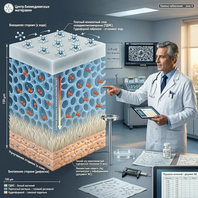 Микроскопический срез силиконового костюма толщиной 150 микрон под электронным микроскопом.Внешняя сторона (к воде): Плотный монолитный слой полидиметилсилоксана (ПДМС). Схематично изображены крупные кластеры молекул воды (\(H_{2}O\)), которые отталкиваются от гидрофобной поверхности мембраны.Внутренняя структура (диффузия): Пористая матрица полимера с микроканалами. Показано, как мелкие одиночные молекулы растворенного кислорода (\(O_{2}\)) и озона (\(O_{3}\)) свободно пролетают сквозь мембрану по градиенту давления к телу человека [документ №2].Внутренняя сторона (к коже): Тонкий слой ворсистого гидрофильного покрытия (5 микрон), на котором точками обозначены наночастицы серебра (Ag) [документ №2], контактирующие с эпидермисом пациента. И рядом стоит доктор объясняя картинку