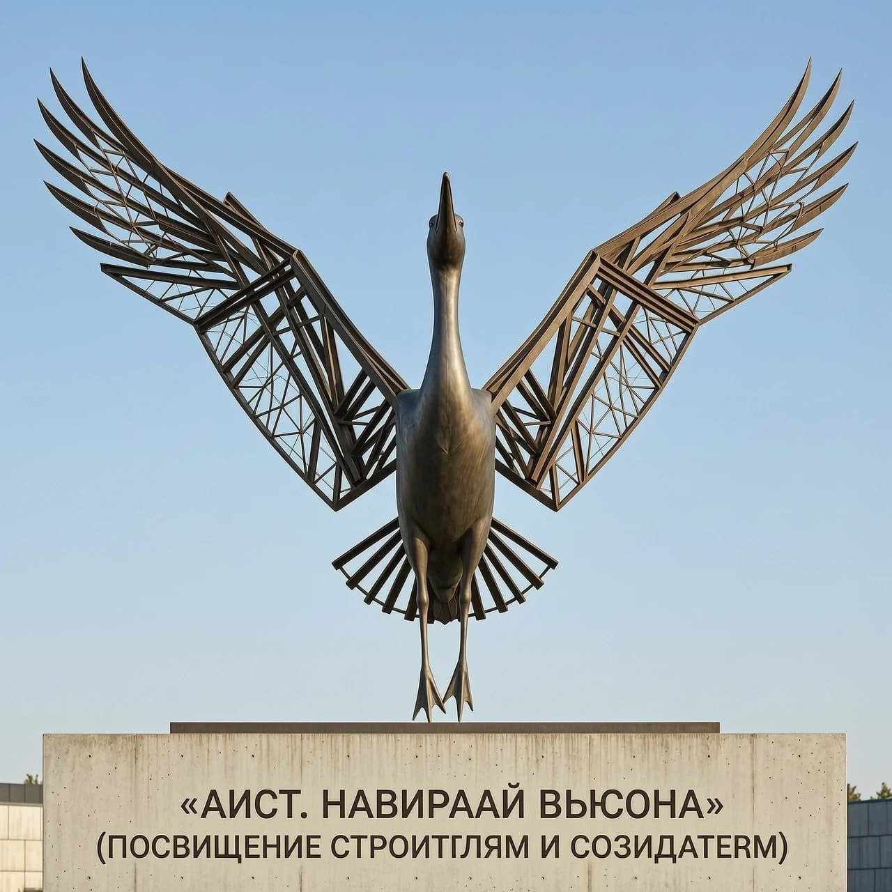 «Аист. Набирая высоту» (Посвящение строителям и созидателям)Визуальный образ: Скульптура представляет собой взлетающего аиста, выполненного из матовой нержавеющей стали. Архитектурная фишка в том, что его крылья формируются из множества переплетенных строительных балок, ферм, геодезических линий или решеток, которые к кончикам крыльев становятся тонкими и изящными. Скульптура имеет одну точку опоры, создавая иллюзию невесомости и полета.