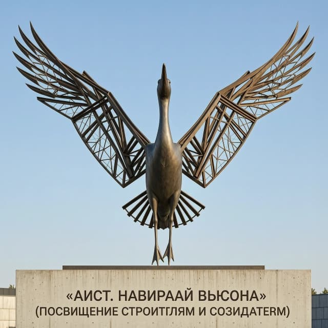 «Аист. Набирая высоту» (Посвящение строителям и созидателям)Визуальный образ: Скульптура представляет собой взлетающего аиста, выполненного из матовой нержавеющей стали. Архитектурная фишка в том, что его крылья формируются из множества переплетенных строительных балок, ферм, геодезических линий или решеток, которые к кончикам крыльев становятся тонкими и изящными. Скульптура имеет одну точку опоры, создавая иллюзию невесомости и полета.