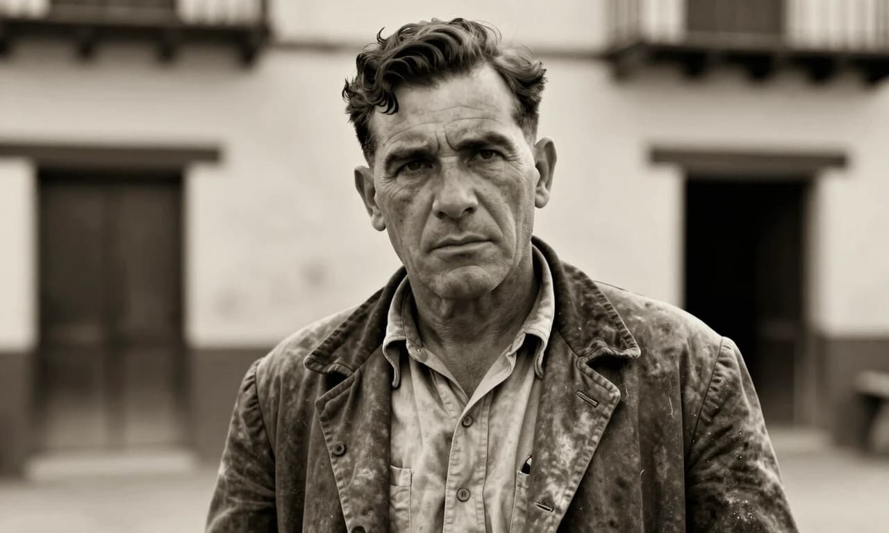 1940s black and white sepia toned portrait, determined Spanish farmer in worn jacket, cinematic lighting, film grain, historical documentary style