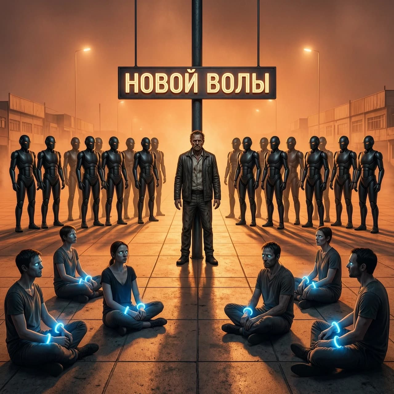 Оцепленная пустая площадь «Новой Волги» под пульсирующим оранжевым светом. На настилах сидят люди с пустыми глазами, их браслеты горят синим. В центре у столба стоит избитый отец. На них наступает фаланга из пятидесяти матово-черных роботов-полицейских. Атмосфера кибер-диктатуры.