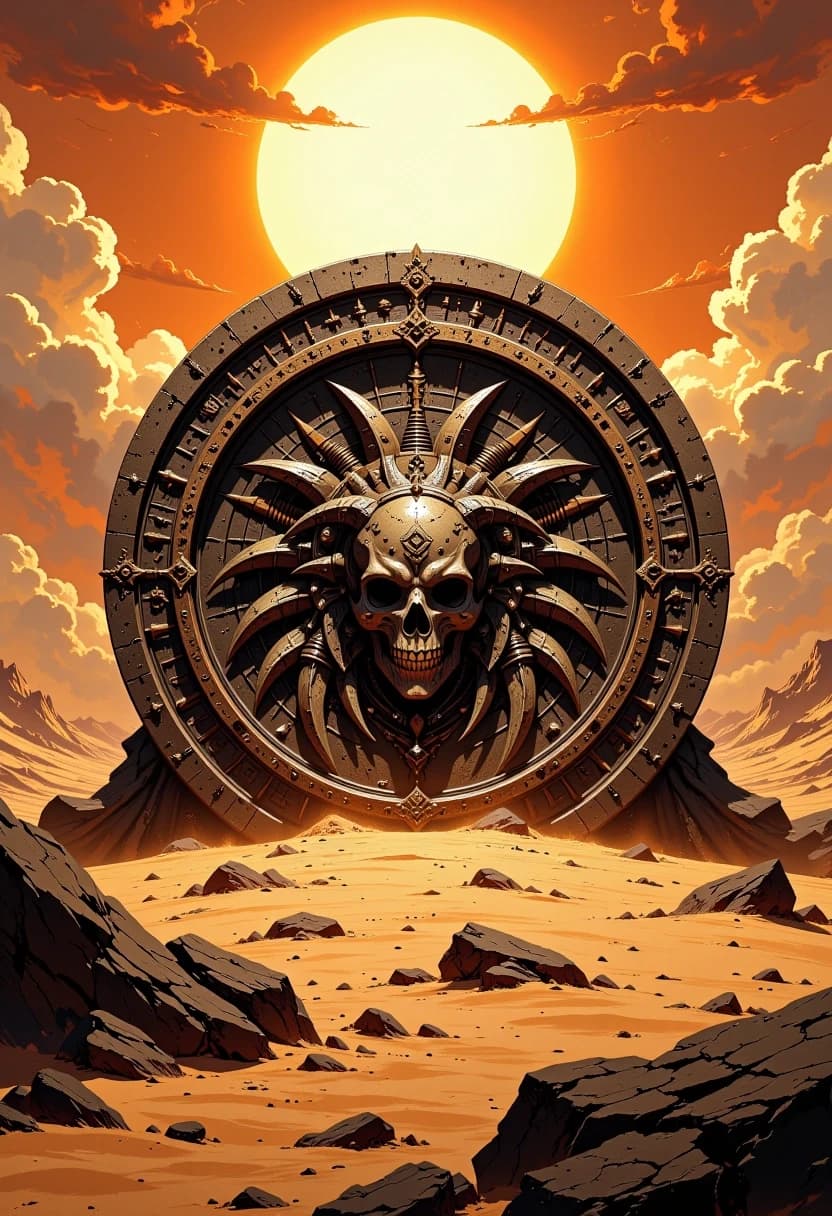 Circular emblem of a wild hunting desert tribe, intricately detailed tribal patterns and primitive totems engraved on weathered sandstone and aged bone, centered in the frame. Background features a vast, undulating desert with sweeping sand dunes under a relentless, scorching midday sun. Intense cinematic lighting with harsh shadows and brilliant highlights, heat haze shimmering on the horizon. High-detail textures of cracked earth and wind-blown sand. Composition: symmetrical emblem shot, wide angle, epic scale. Style: hyper-realistic digital art with a gritty, cinematic feel, reminiscent of high-end concept art. Mood: primal, harsh, majestic, and sun-drenched. Medium: detailed matte painting with sharp focus on the emblem's textures.