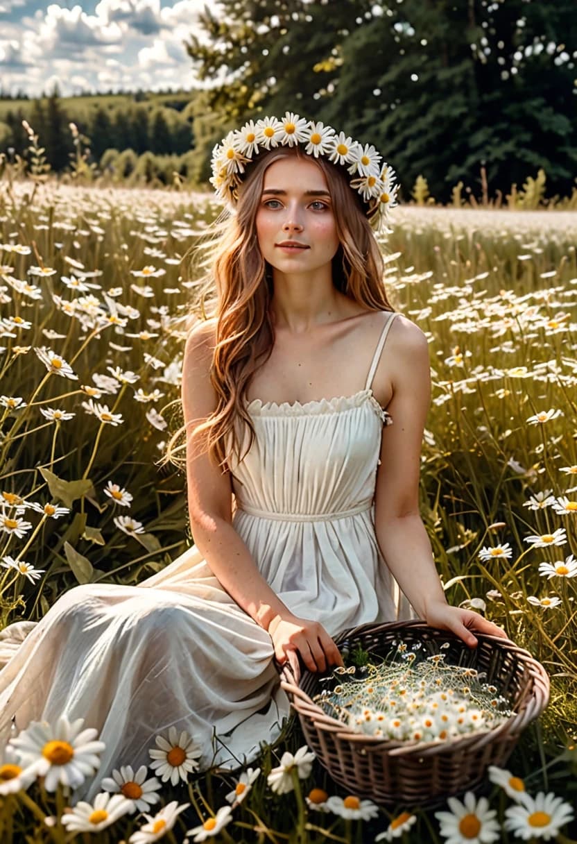 A magical summer fairytale scene: a young woman in a long white dress sits in an endless field of wild daisies, weaving a large flower crown. A small daisy wreath already rests on her head. White butterflies flutter around her, and sunlight sparkles through the grass. Beside her is a rustic wooden basket filled with daisies, cornflowers and greenery. In the distance stands an old wooden cottage surrounded by a garden beneath a glowing golden sunset. Everything is filled with light, tenderness and the feeling of a true summer miracle. Romantic Russian fairytale atmosphere, realistic painterly style, beautiful intricate details, soft golden tones, airy mood, vertical greeting-card composition.