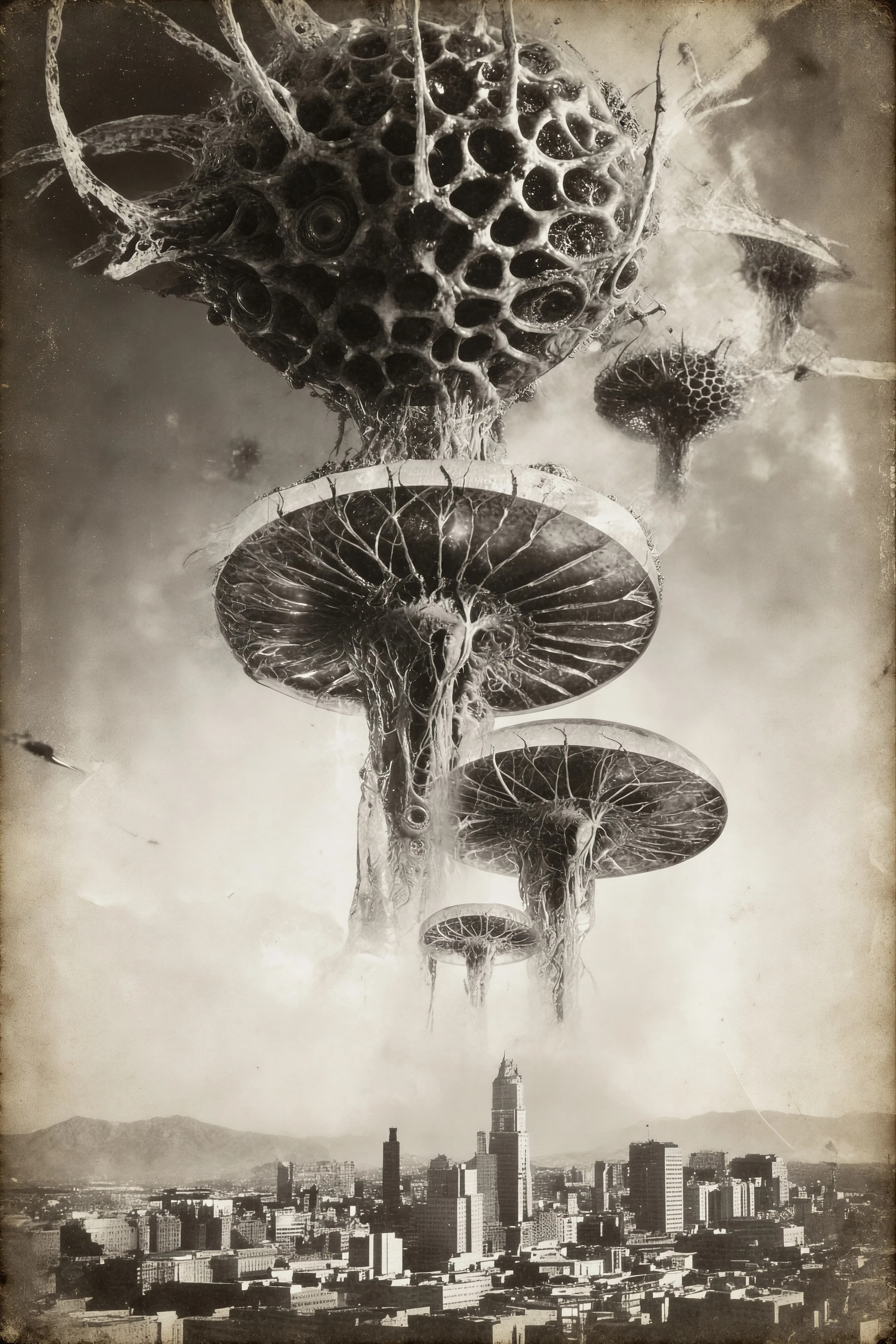 Sci-fi weird fiction illustration. SCP Foundation world's aesthetic. Metamorphic anomalies. Invasive biotransformations. Biological refractions. Metastatic organic structures. Aesthetic of 1930s photographs. Photo-like realistic imitation of surfaces, textures, physical and optical effects and shapes.

Save the composition, perspective, angle, colors palette from the attached image. Follow exactly the style, genre, aesthetic, conception, idea described on the first paragraph. Correct repaint wrong and badly drawn elements on the image according to the main image composition and the promt of the first paragraph.