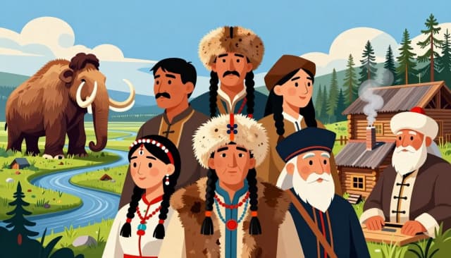 Красивый, панорамный, стилизованный цифровой арт-коллаж . Композиция сочетает в себе элементы разных эпох под бескрайним сибирским небом. С одной стороны — величественные древние мамонты на фоне Васюганских болот, извилистых таежных рек и высоких кедров. В центре — стилизованные, добрые и гордые лица людей разных культур: сибирский казак с усами, мудрый охотник-ханты в меховой одежде, молодая чувашская девушка в традиционном головном уборе с бусинами и бородатый старообрядец-кержак. С другой стороны — уютная деревянная сибирская заимка, из трубы которой идет дым. Стиль представляет собой смесь детального реализма и яркой, теплой художественной иллюстрации, похожей на обложку современной книги сказок или учебника истории. Яркие, но гармоничные цвета, детальные текстуры дерева и меха, кинематографичное мягкое освещение, формат 16:9, без текста.
