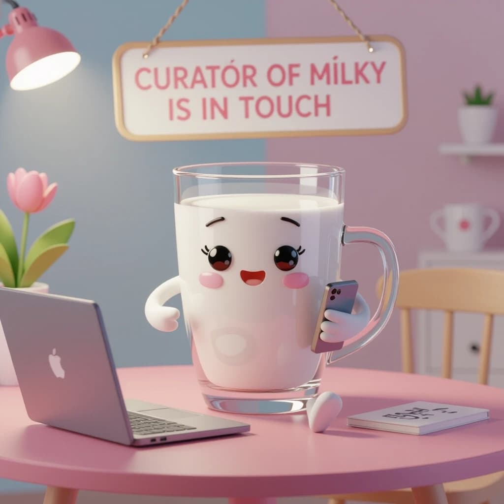 3D render, Pixar-style cartoon, a clear glass filled with white milk, the glass has cute arms and legs, no eyes, sitting at a table. On the table is a laptop. The glass is holding a smartphone in its hand. Above the scene, there is a Russian text sign: "КУРАТОР МИЛКИ НА СВЯЗИ". Soft studio lighting, pastel colors, cozy atmosphere, isometric view, 8K, high quality –no eyes, no face

--no eyes, face, expression