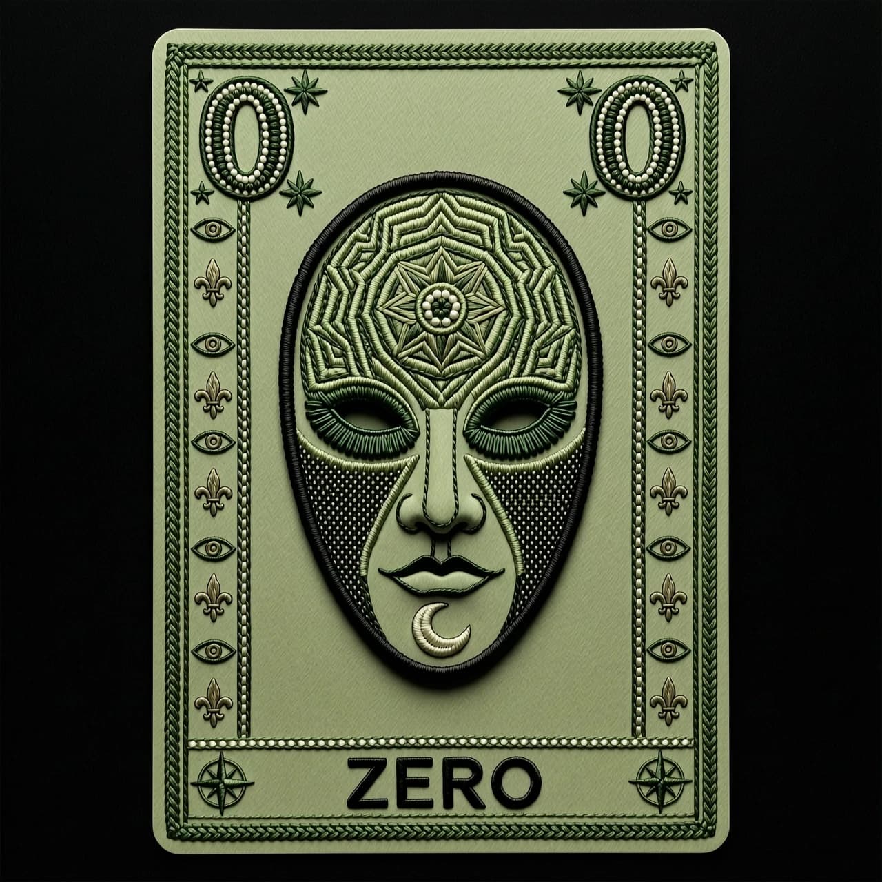Vertical rectangular tarot card design, "The Fool" archetype, minimalist silhouette of a Pierrot mask centered, mystical esoteric aesthetic. In the upper corners, the number "0" is embroidered as a symbolic zero arcana. At the bottom, the word "ZERO" is rendered in a clean, bold, sans-serif font. Color palette: tactical olive and deep moss green base with matte black and dark forest green embroidery. Artistic medium: high-detail textile embroidery on heavy canvas, visible thread textures, intricate stitching patterns. Lighting: dramatic chiaroscuro, soft directional light highlighting the relief of the threads. Composition: symmetrical, centered, symmetrical framing. Mood: mysterious, profound, solemn, enigmatic. Style: occult graphic design meets military tactical gear.