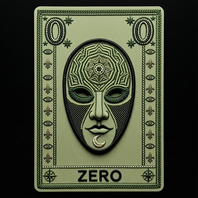 Vertical rectangular tarot card design, "The Fool" archetype, minimalist silhouette of a Pierrot mask centered, mystical esoteric aesthetic. In the upper corners, the number "0" is embroidered as a symbolic zero arcana. At the bottom, the word "ZERO" is rendered in a clean, bold, sans-serif font. Color palette: tactical olive and deep moss green base with matte black and dark forest green embroidery. Artistic medium: high-detail textile embroidery on heavy canvas, visible thread textures, intricate stitching patterns. Lighting: dramatic chiaroscuro, soft directional light highlighting the relief of the threads. Composition: symmetrical, centered, symmetrical framing. Mood: mysterious, profound, solemn, enigmatic. Style: occult graphic design meets military tactical gear.