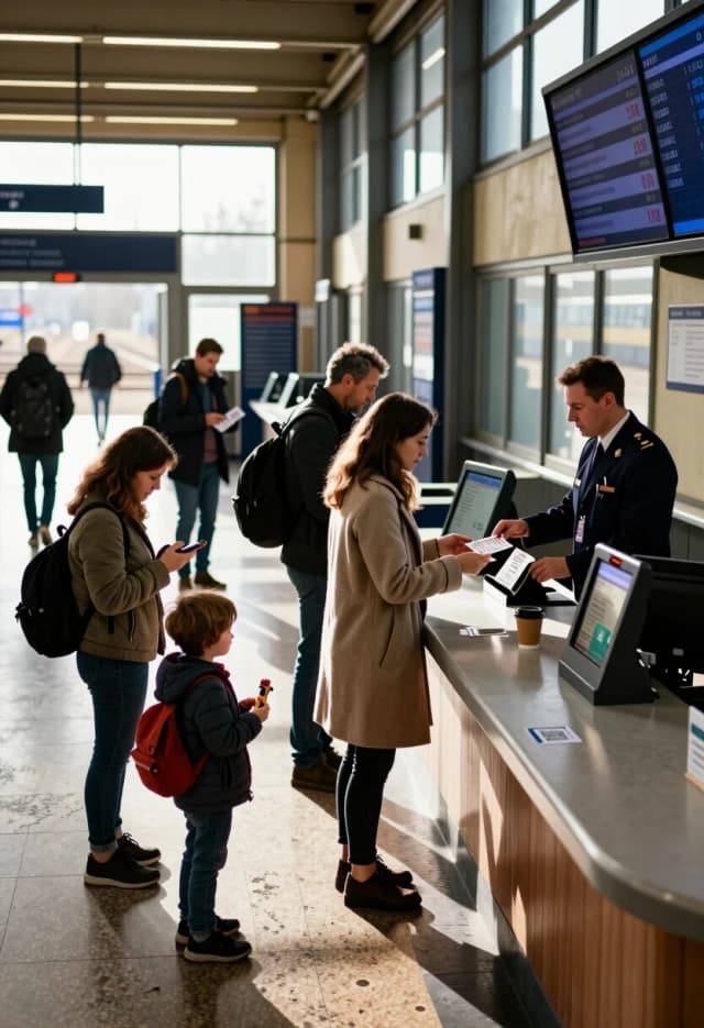 Photorealistic wide-angle cinematic shot of a busy railway station ticket hall at midday. The scene captures multiple overlapping moments of travel routine: in the foreground, a small family (mother, father, child) waits in a short queue; the child holds a toy train and looks around curiously, the parents check their phones. To the right, a young woman in a beige coat is at the ticket counter, exchanging words with the uniformed cashier — the cashier leans slightly forward, gesturing to confirm the route, while handing over a printed ticket and a receipt.

A little further, a middle-aged man in a dark jacket is using a self-service ticket kiosk: his hands are on the touchscreen, the machine’s display glows with route options, and a printed temporary travel pass is emerging from the slot. Near the kiosk, a digital information board shows train numbers, platforms, and delays in crisp white text on a dark background.

The ticket hall is spacious and functional: high ceilings with exposed metal beams, large windows letting in bright daylight, polished terrazzo floor with subtle wear marks from constant foot traffic. Overhead fluorescent lights add a cool tone, contrasting with the warmer sunlight coming through the windows.

In the background, other passengers move through the space: someone checks a wall-mounted timetable, another person adjusts a backpack, a couple stands near the exit holding printed tickets. The atmosphere is busy but not chaotic — a typical moment of anticipation before a journey.

Strong attention to realistic textures: the matte plastic of the kiosk, the glossy paper of tickets, the fabric weave of coats, the slight sheen of the terrazzo floor. Include small, authentic details: a coffee cup on the counter, a pen clipped to the cashier’s uniform, a small queue marker on the floor, a sticker with QR code on the kiosk.

Lighting is natural and layered: sunlight creates soft highlights and long shadows, while the overhead lights fill in the darker areas. Slight depth of field: the central interactions (cashier and passenger, kiosk user) are sharp, while the background is softly blurred to keep the focus on the key moments. 8K resolution, photorealistic rendering, documentary-style composition, strong sense of everyday realism and anticipation.