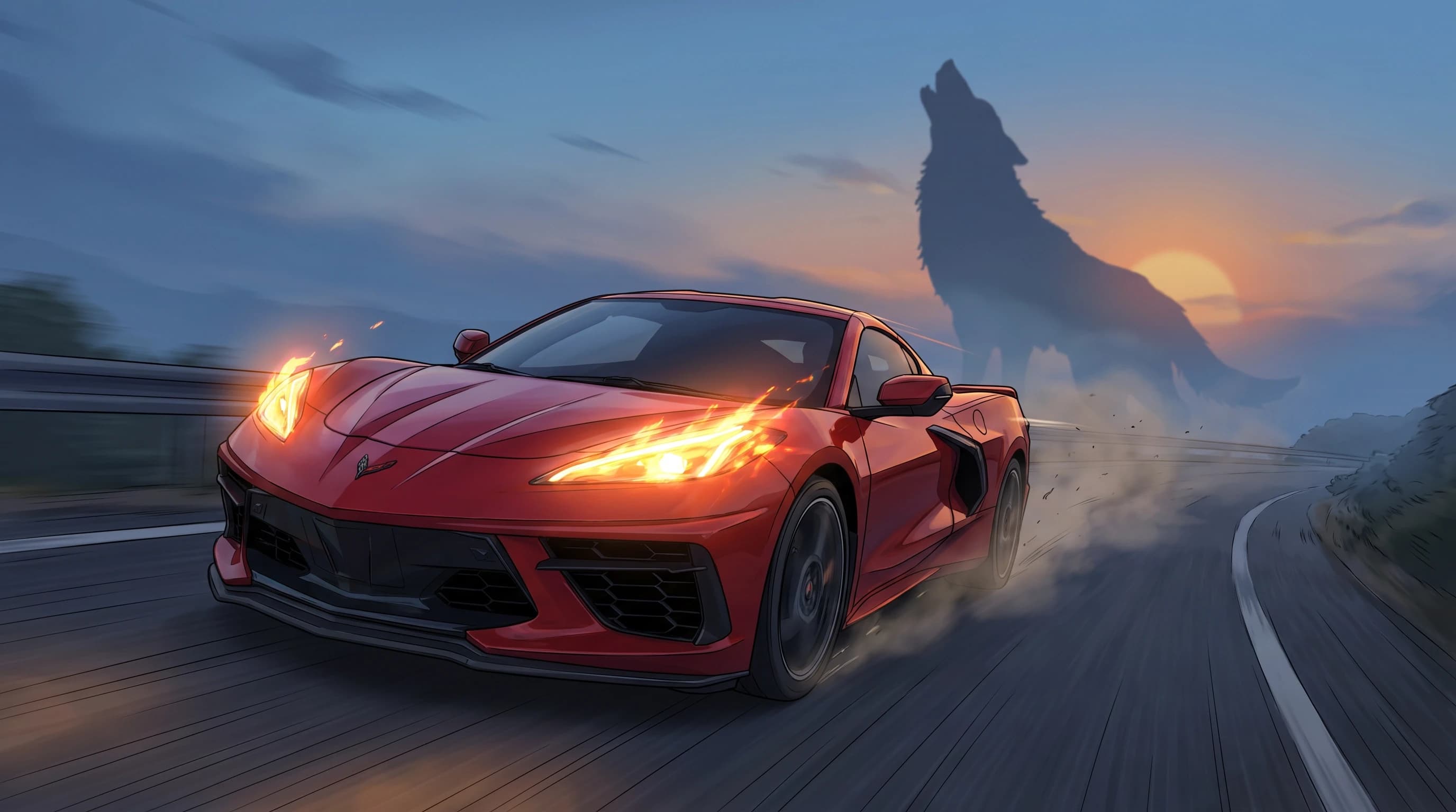 Chevrolet Corvette C8, едет по дороге, эпичный ракурс, горящие фары, на фоне силуэта волка, шедевр, крупный план, стиль аниме с реалистичными деталями