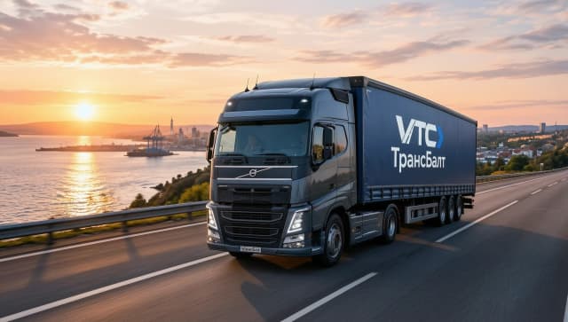 Обложка для вк группы VTC ТрансБалт


Реалистичная рекламная фотография современного грузового автомобиля Volvo в темно-сером цвете, который уверенно движется по скоростной трассе. Тягач с прицепом расположен в ракурсе три четверти, демонстрируя мощный передний вид и боковую сторону синего тентованного полуприцепа с крупной белой надписью «VTC Трансбалт». На фоне открывается захватывающий панорамный вид на прибрежный город и залив во время золотого часа. На горизонте видны силуэты городских зданий, портовых кранов и спокойная гладь воды, отражающая лучи заходящего солнца. Освещение мягкое, теплое и естественное, создающее длинные тени и золотистые блики на глянцевой поверхности кабины грузовика. Цветовая палитра построена на контрасте глубокого синего цвета прицепа, стального серого цвета машины и теплых оранжево-розовых оттенков закатного неба. Стиль изображения — высококачественная коммерческая съемка с высокой резкостью, передающая атмосферу надежности, масштабности и динамики современной логистики.