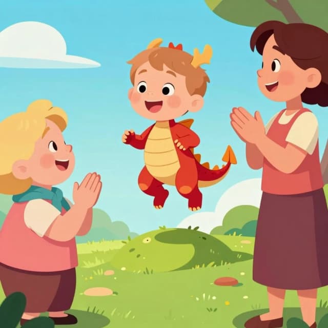 Cartoon scene: a little dragon sits on the shoulder of a Caucasian toddler with light brown hair, they jump together over a small soft bump. Nearby a Caucasian grandmother with blond hair claps her hands, a Caucasian mom is smiling. All characters have fair hair. Joyful mood, bright colors, dynamic composition.