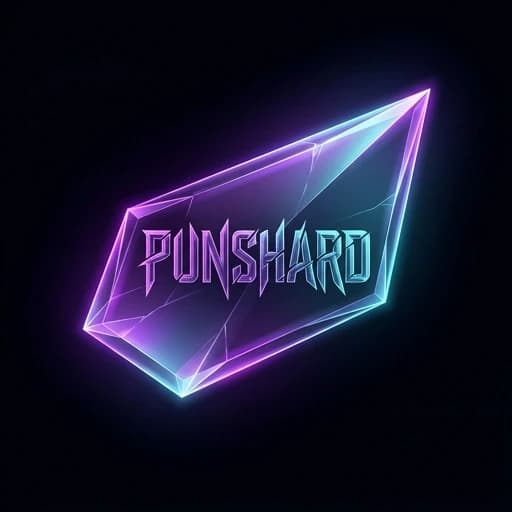 Minimalist vector logo design, a single sharp glass shard floating in a void, the word "PunShard" etched into the crystalline surface using a deconstructed brutalist sans-serif font, letters are fragmented and split into geometric shards mimicking broken glass, sharp aggressive angular edges, vibrant neon purple and cyan gradient refraction within the glass, deep obsidian black background, high-contrast lighting, cinematic rim light, macro photography style, clean lines, digital art, sharp focus, hyper-minimalist aesthetic, volumetric glowing edges, 8k resolution, sleek futuristic vibe.