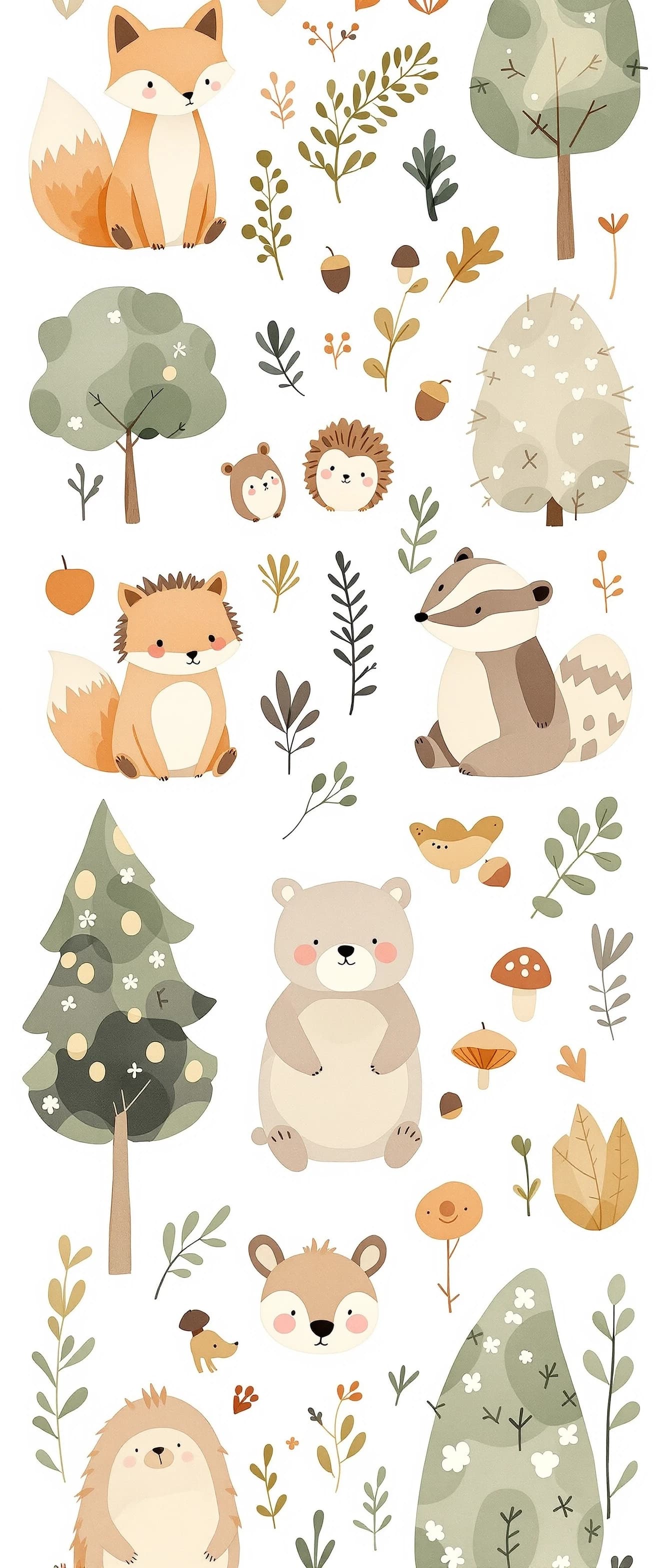 A delightful and naive children's book clipart set sheet, featuring sweet, quirky woodland animal babies and simple forest elements in the classic watercolor-and-ink style of Janosch (Horst Eckert). Includes: a charmingly messy terracotta baby fox, a tiny cozy hedgehog, a playful badger, a friendly chubby bear cub, simple loose pine trees in sage green, rounded oak leaves, small wild mushrooms, and quirky acorns. Raw, hand-drawn ink linework with shaky contours and soft, imperfect watercolor fillings with zero gradients, outlines are in deep taupe color with no pure black. Every element is neatly arranged and completely isolated on a solid, pure white background. Heartwarming and nostalgic forestcore graphic asset for toddler textile design --no drop shadows beneath, 3d background textures, photorealism, merged elements, pure black lines