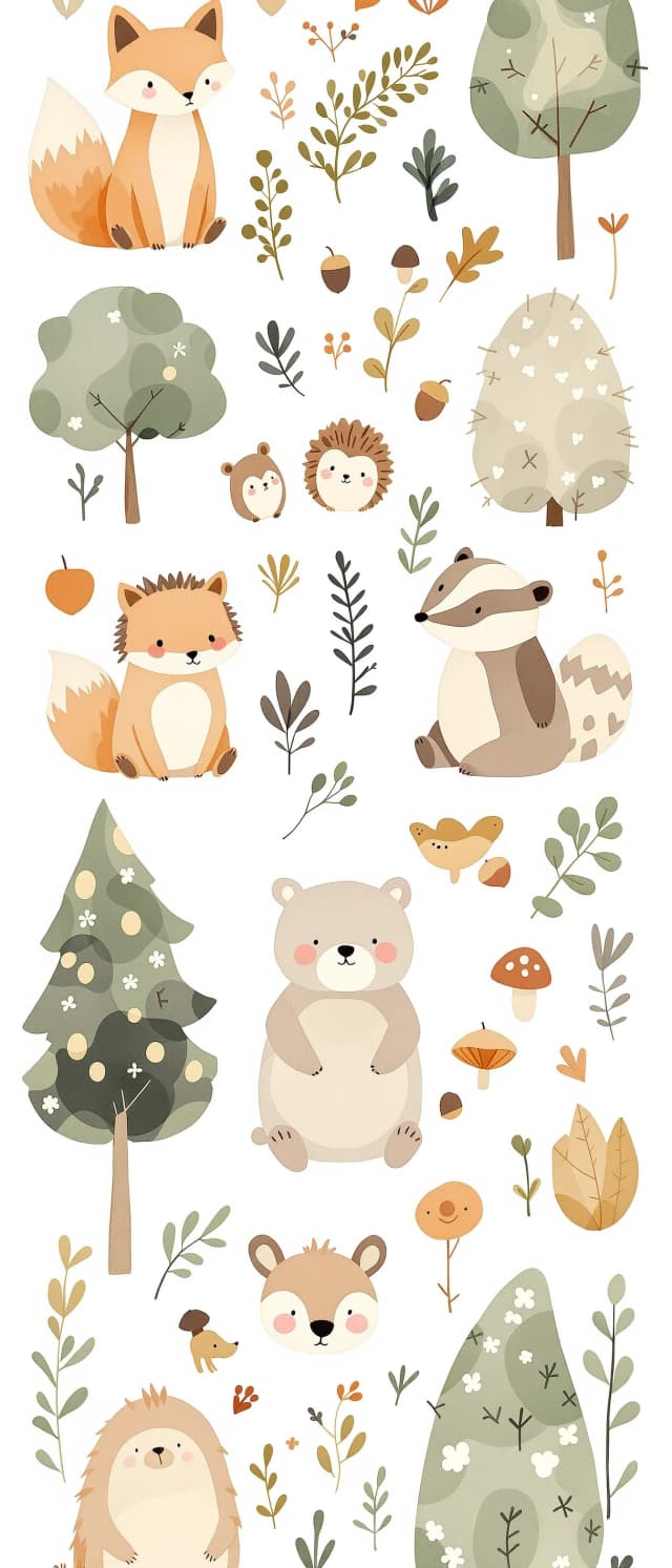 A delightful and naive children's book clipart set sheet, featuring sweet, quirky woodland animal babies and simple forest elements in the classic watercolor-and-ink style of Janosch (Horst Eckert). Includes: a charmingly messy terracotta baby fox, a tiny cozy hedgehog, a playful badger, a friendly chubby bear cub, simple loose pine trees in sage green, rounded oak leaves, small wild mushrooms, and quirky acorns. Raw, hand-drawn ink linework with shaky contours and soft, imperfect watercolor fillings with zero gradients, outlines are in deep taupe color with no pure black. Every element is neatly arranged and completely isolated on a solid, pure white background. Heartwarming and nostalgic forestcore graphic asset for toddler textile design --no drop shadows beneath, 3d background textures, photorealism, merged elements, pure black lines