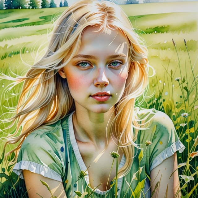 A masterpiece. Watercolor painting. (Image of (a beautiful blonde girl:1.5), on a sun-drenched, green meadow.)) Close-up. High resolution. High quality. Increased attention to small details. Hyperrealistic surrealist style, fantasy, watercolor art. Increased attention to the smallest details, texture, texture. The author is Sergey Andriaka.